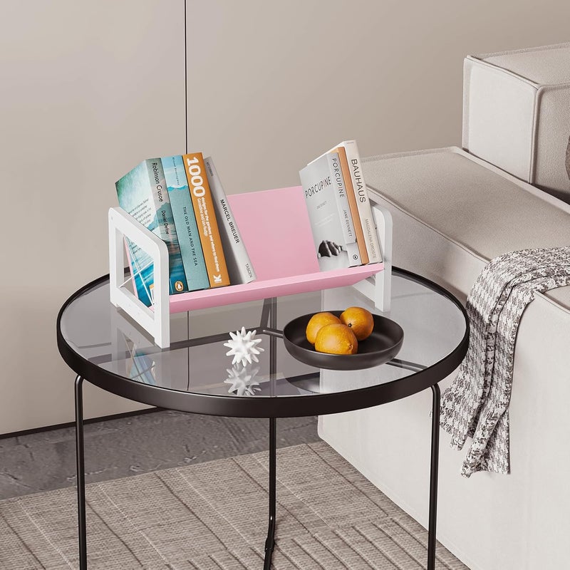 ELITEROO رف كتب مكتبي، منظم كتب خشبي بسيط للمكتب، مكتبة كتب مائلة، رف كتب صغير لعرض كتب الطبخ، قراءة الأطفال، تخزين المكتب، وردي - Image 2